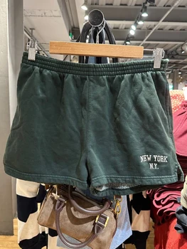 Женские повседневные шорты с буквенной вышивкой, Летние Зеленые хлопчатобумажные эластичные короткие брюки с высокой талией, Винтажные уличные спортивные шорты 2023 года.